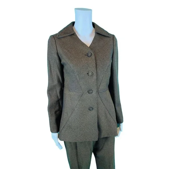 Vintage 70s Suit Set Womens M James Chen Brown Black Striped Pants Blazer Outfit
